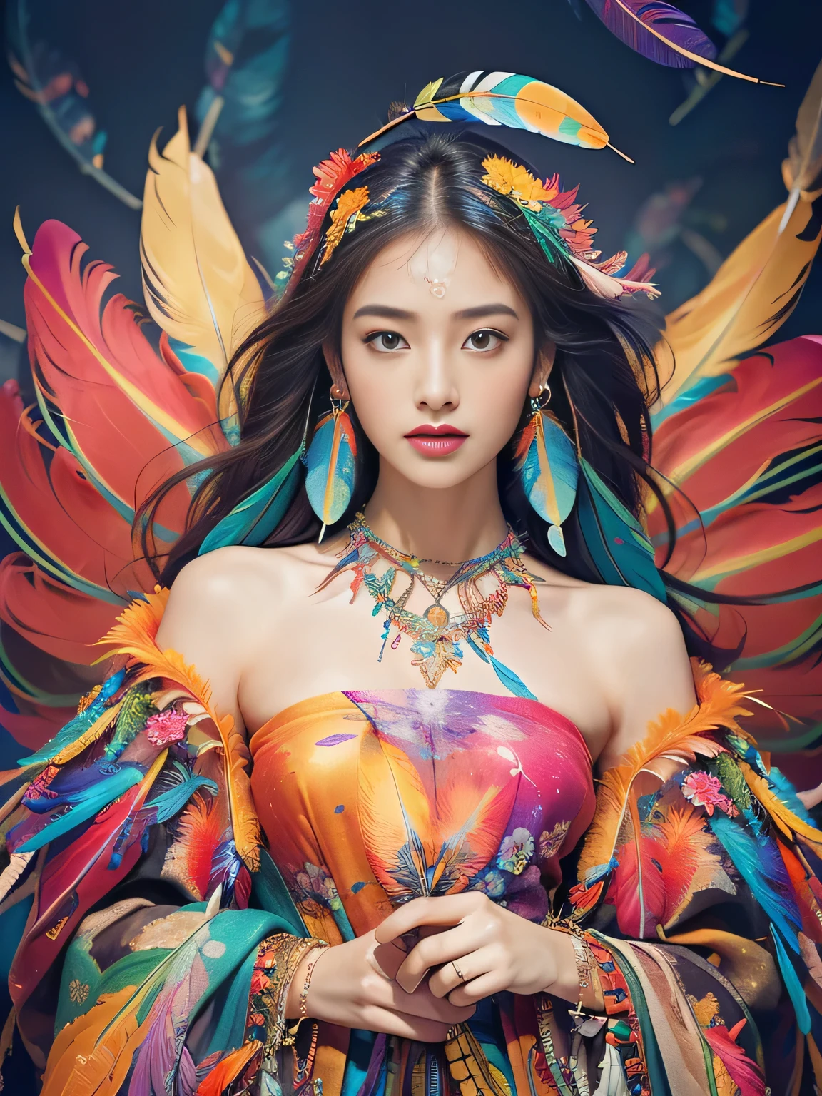 (masterpiece, Highest quality, Highest quality, Official Art, beautifully、beautiful:1.2), (One Girl:1.3), Very detailed,(Fractal Art:1.3),(colorful:1.5)(Flowers:1.3),Most detailed,(Tangled:1.2), whole body, (Abstract background:1.3), (Glowing Skin), (Many colors:1.4), ,(Earrings), (feather:1.5),
