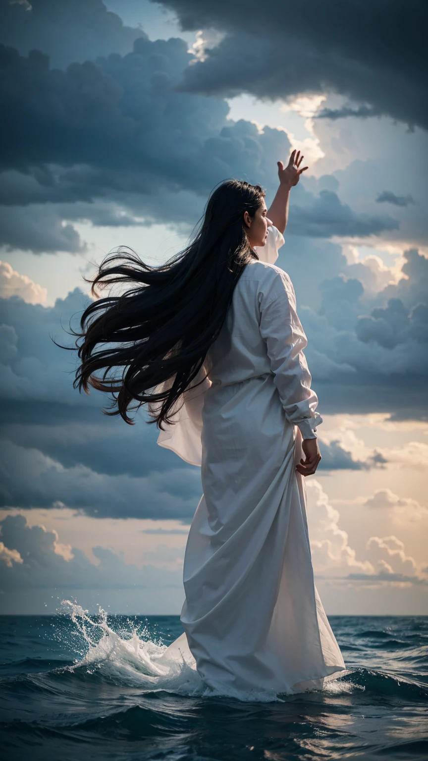 A pious man with long hair stands on the waves of the ocean with both hands raised. The sky is covered with dark clouds. Back view.
Hyper-realistic photography, gentle soft natural lightning, real photo,Cinematic style,realistic environment,low contrast, 32k resolution , highly detailed, realistic dress. Ultrarealistic water, hills