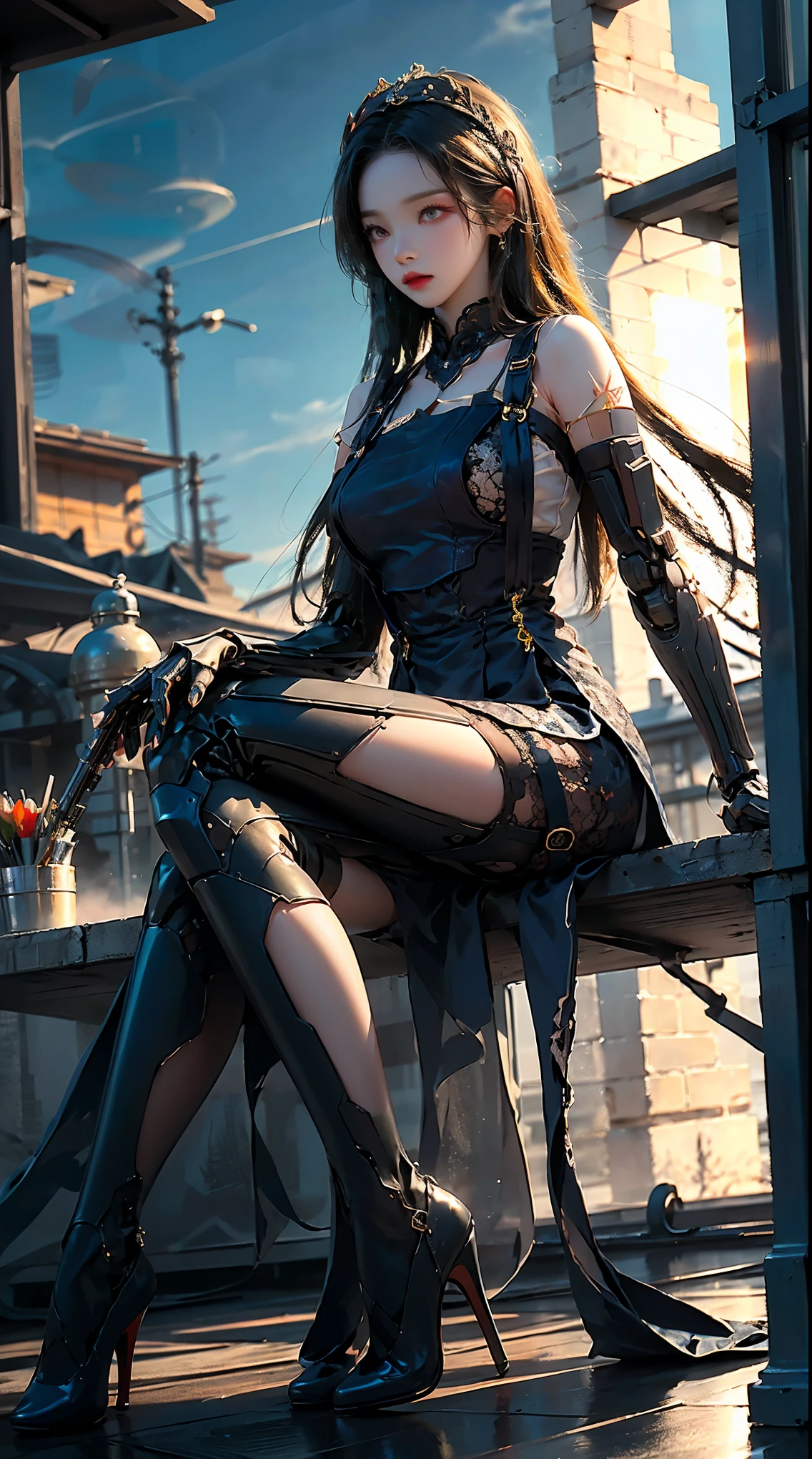 masterpiece, best quality, high resolution, One Woman, from below, (매우 얇고 straight legs),(매우 long legs, straight legs), high heel, long legs, 정면에서 보면 long legs, perfect body, with perfect legs, (Exterior),Telegraph slang,dynamic pose,Exquisite eyes,brown eyes,eye shadow,to put on make up,long blonde hair, detailed face, detailed eyes, looking at viewer, blusher\(to put on make up\), plump lips, red lip,(long gray hair:1.3), (stand on all fours)Mechanically static,Summon Mech,(headdress:1.1),headgear,((((dressed like a student)))),(black lace stockings,stocking suspenders),city,Luminous winding,With a gun in my hand,weapon,,Completely mechanical and futuristic elements,technology,The background is downtown New York,distance, sky sky, ,1(slim:1.2),dramatic lighting,vivid details,