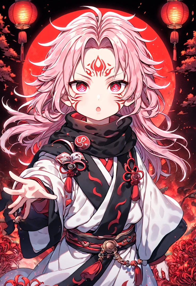 absurdres, highres, ultra detailed, HDR, master piece, best quality, extremely detailed face, delicated features, Ryoumen Sukuna as a kid, pink hair, long hair, messy hair, expressive red eyes, Thousand Years War, Jujutsu Kaiden, solo, boy, cute, white robes, black scarf, accessories, spider lilies patterns, red moon, red blood water, fantasy, magical, red trees, forest, red dust, red lanterns, red fire, red floating round lights