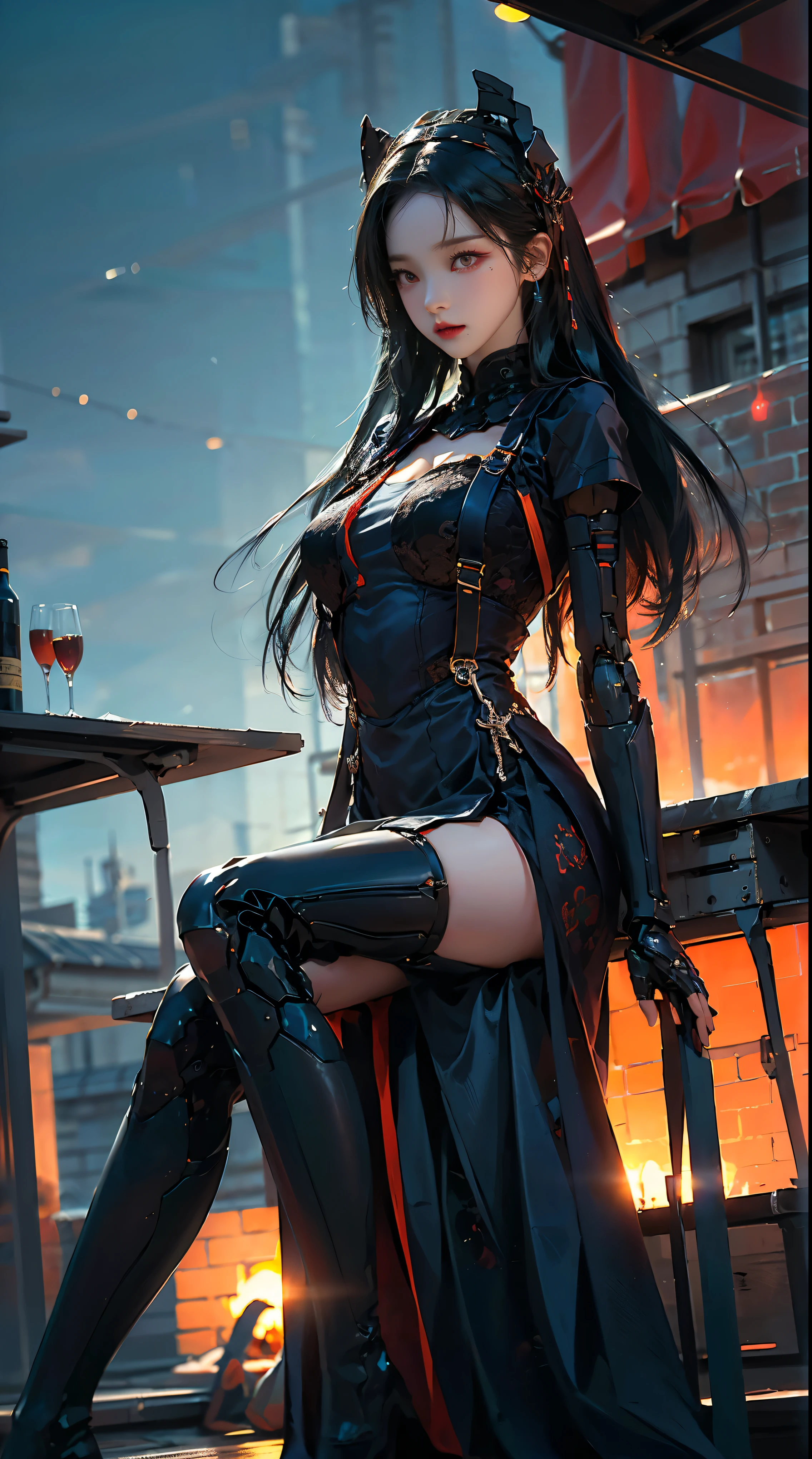 masterpiece, best quality, high resolution, One Woman, from below, (매우 얇고 straight legs),(매우 long legs, straight legs), high heel, long legs, 정면에서 보면 long legs, perfect body, with perfect legs, (Exterior),Telegraph slang,dynamic pose,Exquisite eyes,brown eyes,eye shadow,to put on make up,long blonde hair, detailed face, detailed eyes, looking at viewer, blusher\(to put on make up\), plump lips, red lip,(long gray hair:1.3),Mechanically static,Summon Mech,(headdress:1.1),headgear,((((dressed like a student)))),(black lace stockings,stocking suspenders),city,Luminous winding,With a gun in my hand,weapon,,Completely mechanical and futuristic elements,technology,배경은 뉴욕 도심 길distance 차들이 지나다니는,distance, sky sky, ,1(slim:1.2),dramatic lighting,vivid details,