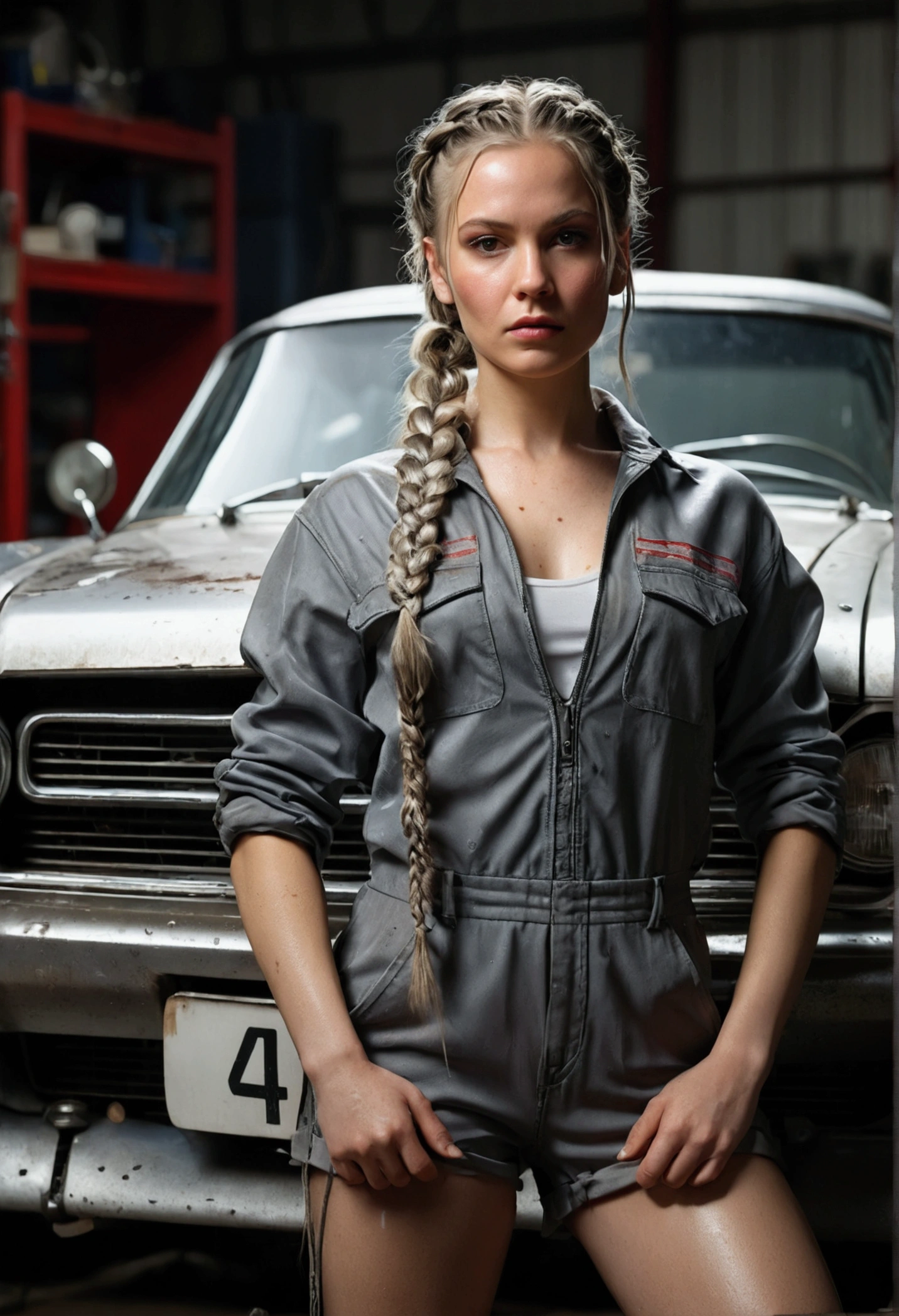 (Canon 50),(Rendered by octane),8k, seducer, symmetrical face, Dramatic cinematic lighting, Dramatic +2, hyper realist, spirited, very sexy pose. 1 Woman covered in grease in a mechanic&#39;s workshop(hair in braids, blondes, brunette skin, legs thick) dressed in a light gray colored jumpsuit, ultra complex, ultra definition , sports style red car, with headlight on.. 