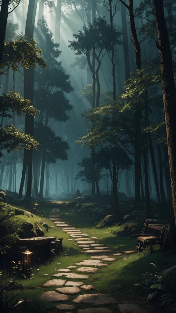 Tabletop rpg map, of a village surrounded by a dense and mysterious forest, with high quality, incredible details and engaging atmosphere. Add dramatic lighting elements and shadows to increase the immersion of the scene. The path leads to a village