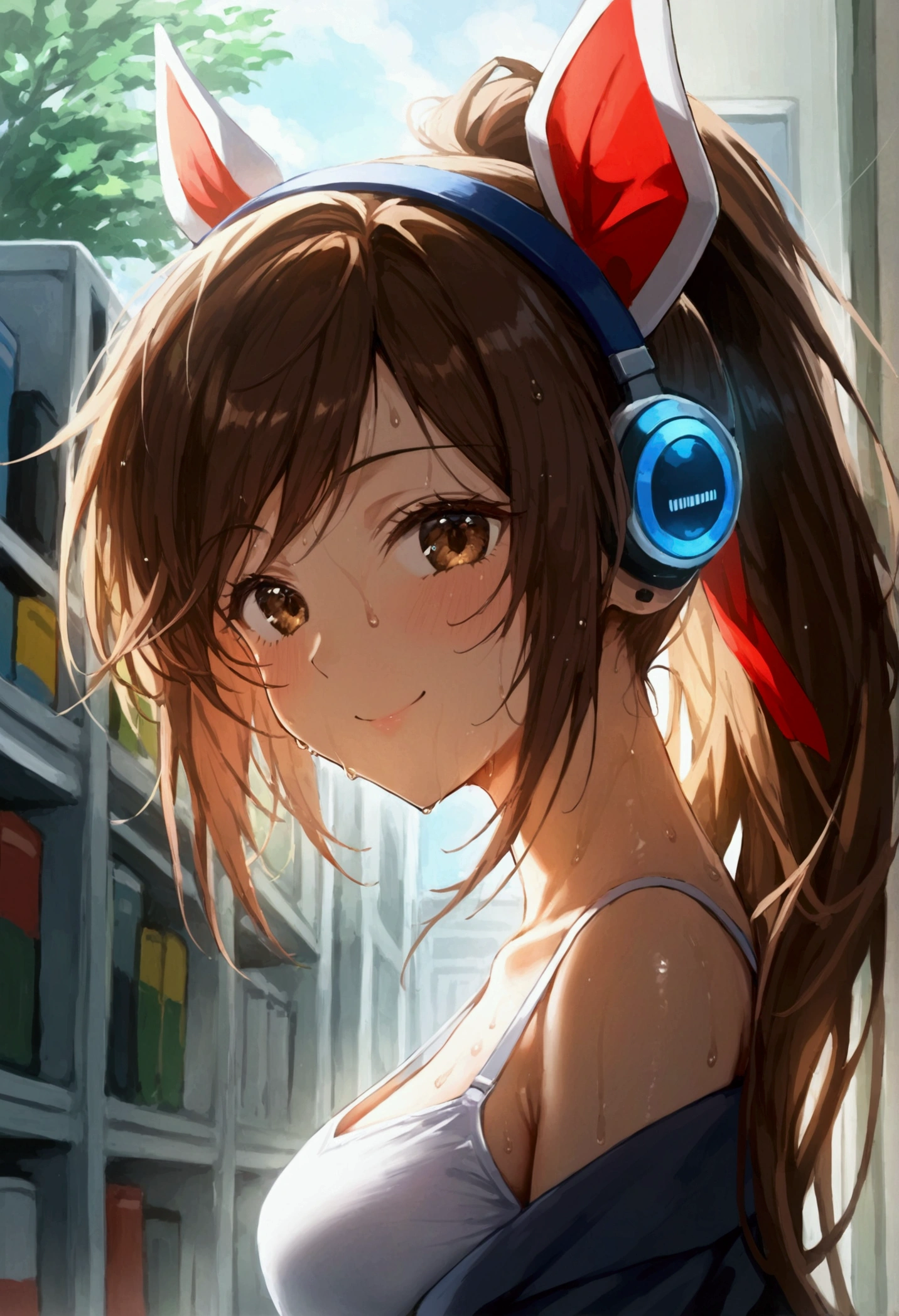 (masterpiece: 1.1, Highest quality: 1.1), ponytail, Brown Hair, smile, Sweat,