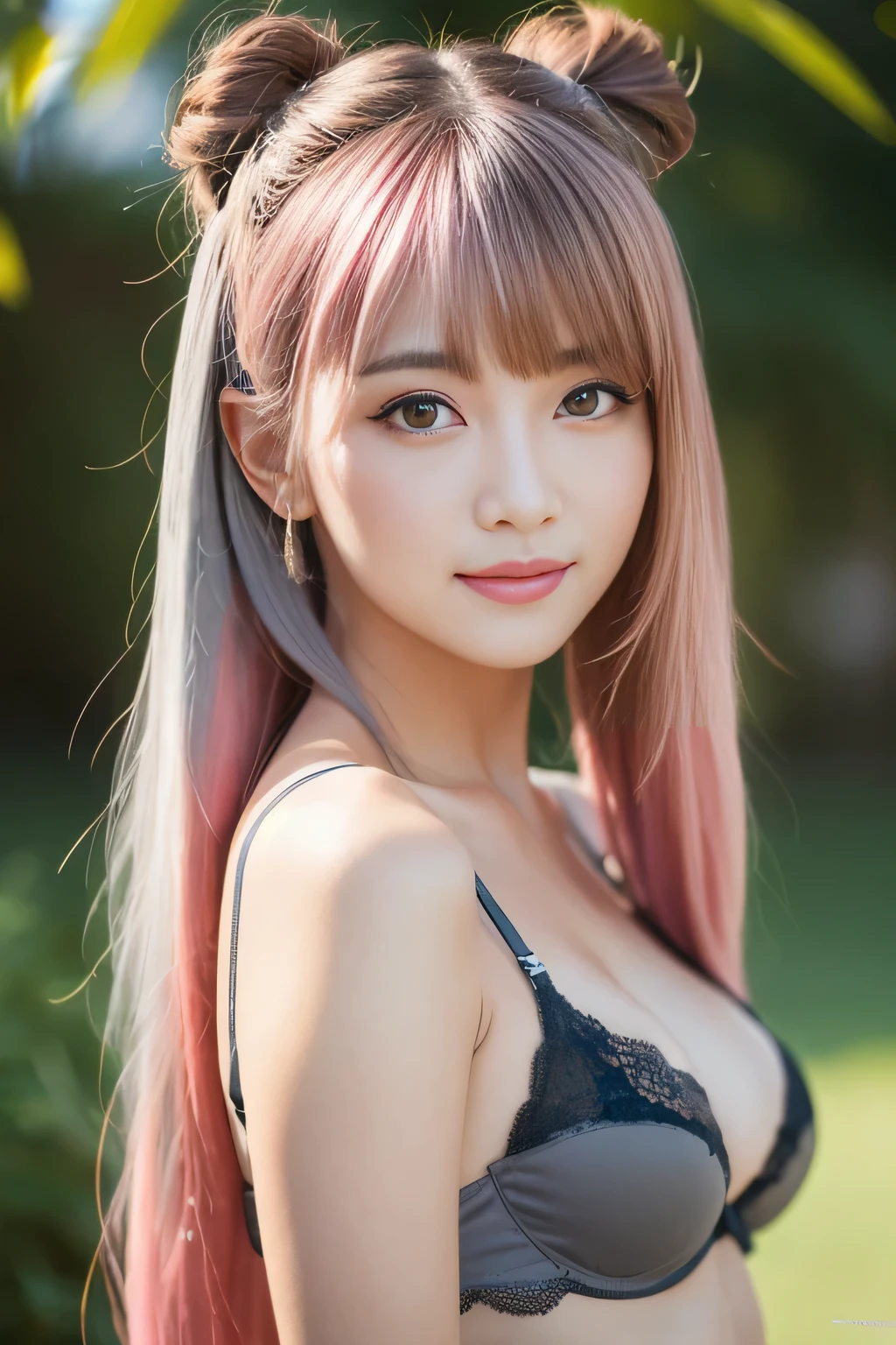 (masterpiece,best quality:1.4),(8k,raw photo,photo realistic:1.2),(shiny skin),detailed skin,detailed face,detailed eyes,Sparkling eyes:1.3,Detailed Background,detailed hand,1girl, natural large breasts,(((pink hair))) super long pigtails hair,ribbon)), () ,(Detailed tutuanna Lingerie Collection Random), (very beautiful cute), beautiful asian,, girl cute-fine-face, (Instagram girl),Cute smile, (Detailed lingerie design,tutuanna,Lisa Magli,),{{(((gray eyes:1.3)))}},cowboy shot,,(front view),nsfw,sexy shot,((see-through))