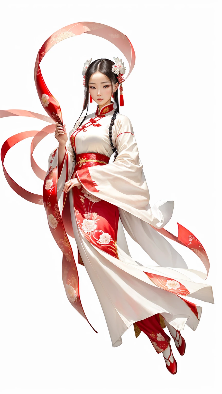 There was a lady in a red and white dress,Holding a red ribbon in hand, ancient Chinese Princess, Ancient Chinese Goddess, palace , Girl wearing Hanfu, Wearing ancient Chinese clothes, Ancient Chinese beauties, Ancient Asian Dynasty Princess, Chinese Princess, A beautiful artistic illustration, Chinese Ribbon Dance, Ancient Chinese Art Style, Wearing gorgeous silk clothes, Wearing Chinese clothing