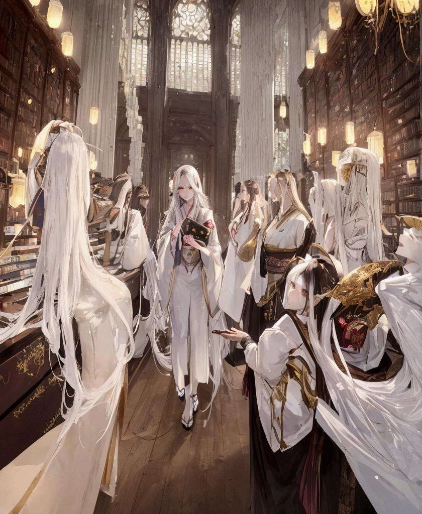 Photoreal of Pailiu exotic supermodels with full detailed eyes, white shirt in Harvard Library, long wavy hair:1.2, slender body. Exotic Super model in her 25's with full eyes, perfect face, brown detailed hair, with detailed face and detailed body, detailed skin, pores, cinematic, Octane rendering, Japanese pop