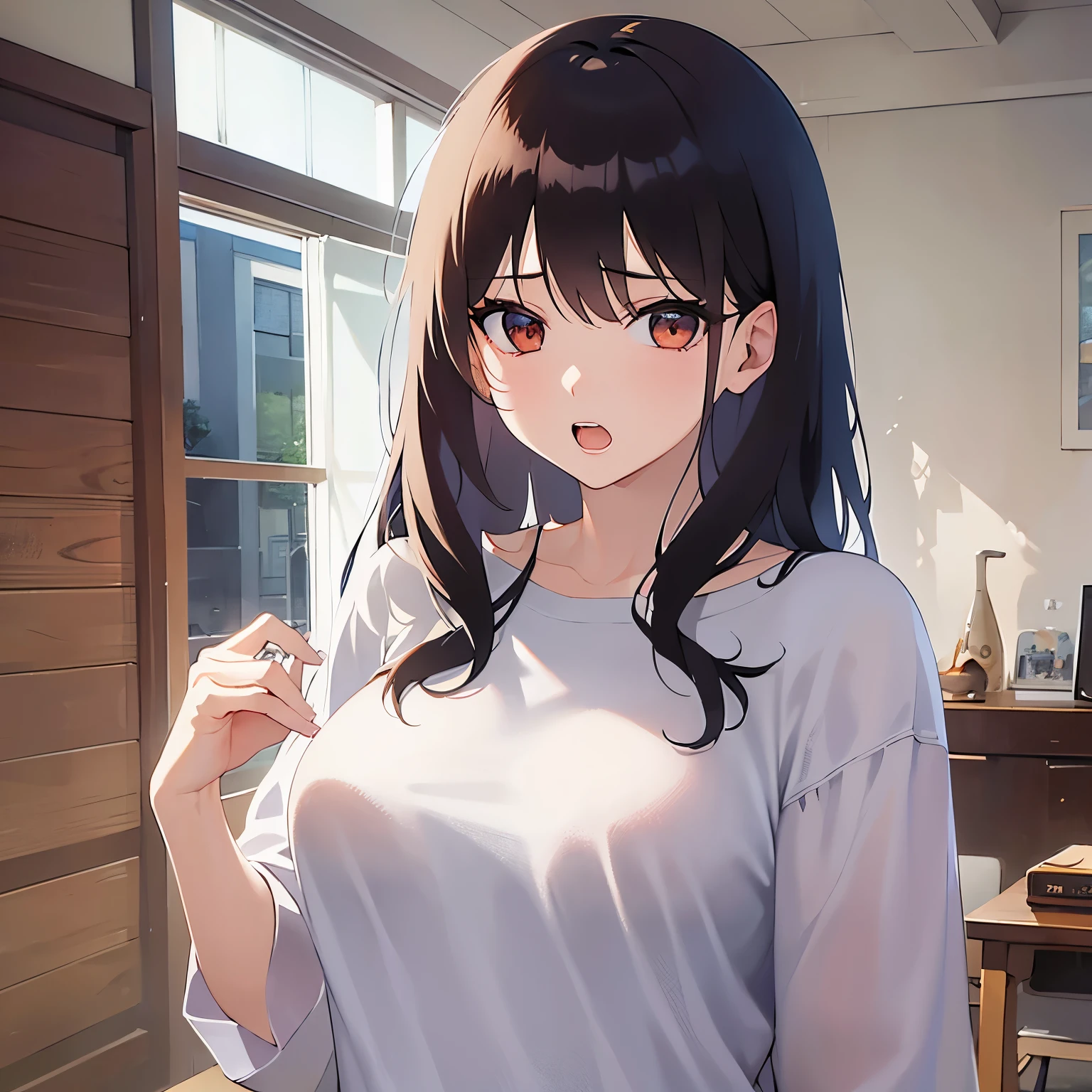 wearing an oversized men's shirt. The shirt is too large for her, giving a baggy and loose appearance. upper body, (pale skin: 1.2), shiny skin, shiny hair、(A 25-year-old woman with medium-length hair and bangs) and (wavy hair) and (brown hair) and (orange eyes) , angry, open mouth, The background is the living room、Alone、