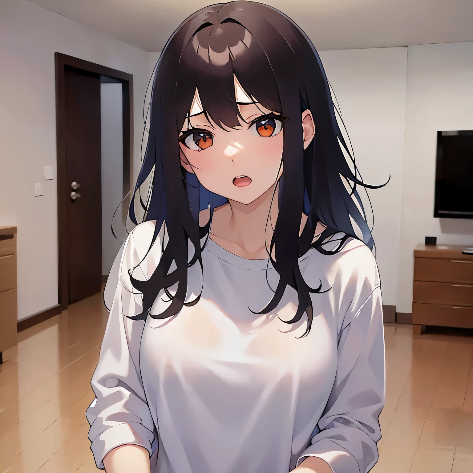 sad, open mouth、Shooting from below、 Upper Body, Realistic, real person, (pale skin: 1.2), RAW photo, photorealistic, portrait photography, shiny skin, shiny hair、(A 25-year-old woman with straight hair and bangs) and (medium hair) and (black hair) and (purple eyes) , (white:1.5) and (T-Shirts) 、Cleavage、Alone、Are standing、The background is the living room