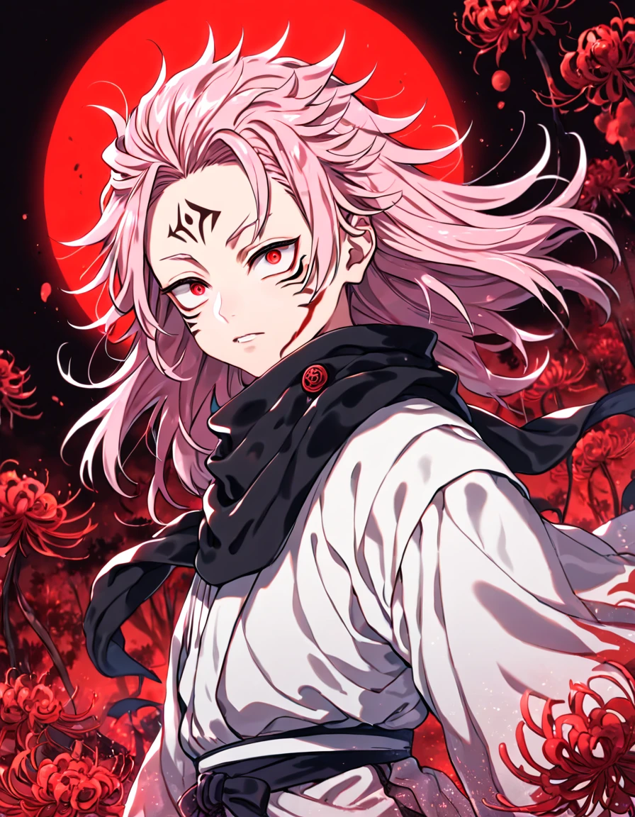 absurdres, highres, ultra detailed, HDR, master piece, best quality, extremely detailed face, delicated features, Ryoumen Sukuna as a kid, pink hair, long hair, messy hair, expressive red eyes, Thousand Years War, Jujutsu Kaisen, solo, boy, cute, white robes, black scarf, accessories, spider lilies patterns, red moon, red blood water, fantasy, magical, red trees, forest, red dust, red lanterns, red fire, red floating round lights