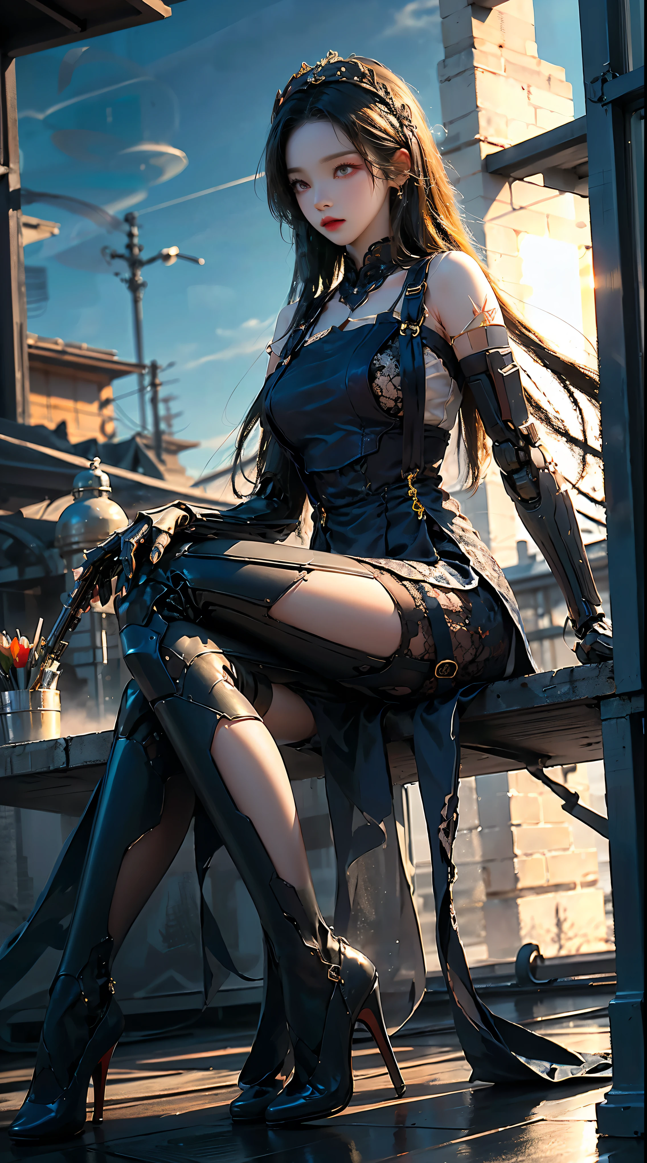 masterpiece, best quality, high resolution, One Woman, from below, (매우 얇고 straight legs),(매우 long legs, straight legs), high heel, long legs, 정면에서 보면 long legs, perfect body, with perfect legs, (Exterior),Telegraph slang,dynamic pose,Exquisite eyes,brown eyes,eye shadow,to put on make up,long blonde hair, detailed face, detailed eyes, looking at viewer, blusher\(to put on make up\), plump lips, red lip,(long gray hair:1.3), (stand on all fours)Mechanically static,Summon Mech,(headdress:1.1),headgear,((((dressed like a student)))),(black lace stockings,stocking suspenders),city,Luminous winding,With a gun in my hand,weapon,,Completely mechanical and futuristic elements,technology,The background is downtown New York,distance, sky sky, ,1(slim:1.2),dramatic lighting,vivid details,
