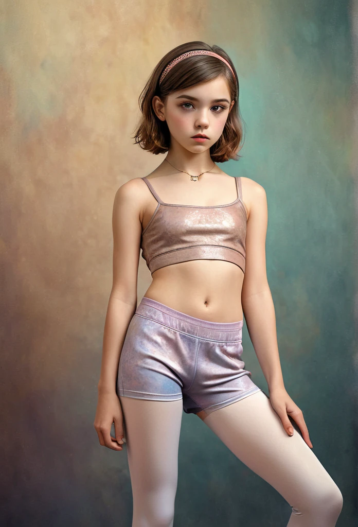 (Cinematic photo:1.3) From (Thigh-length photos:1.3),(slim:1.2) ((CROPTOP, tight legging short shorts, NAVEL)) Beautiful 12 year old girl, (complex brown hair), Highly detailed texture кожи, realistic texture кожи, looks straight into the camera, (looks at the viewer) ), pout, , Shine, Dramatic, Dreamy, pastelный цветочный сад, elegant, strange, gentle, Highly detailed, difficult, UHD Digital Photography, Fantasy theme, narrow shoulders, Photo to the knees , beautiful young girl, small breasts, Beautiful body, highly detailed full-length shot, Dreamy, pastel, watercolor, strange, gentle, detailed hair band, Highly detailed texture, realistic texture, digital painting, highly detailed photo, (art deco: 1 .хFromоралFromм:1.3),(Classic realotm:1.3),(Fujifilm Superia:1.3),, golden hour light,