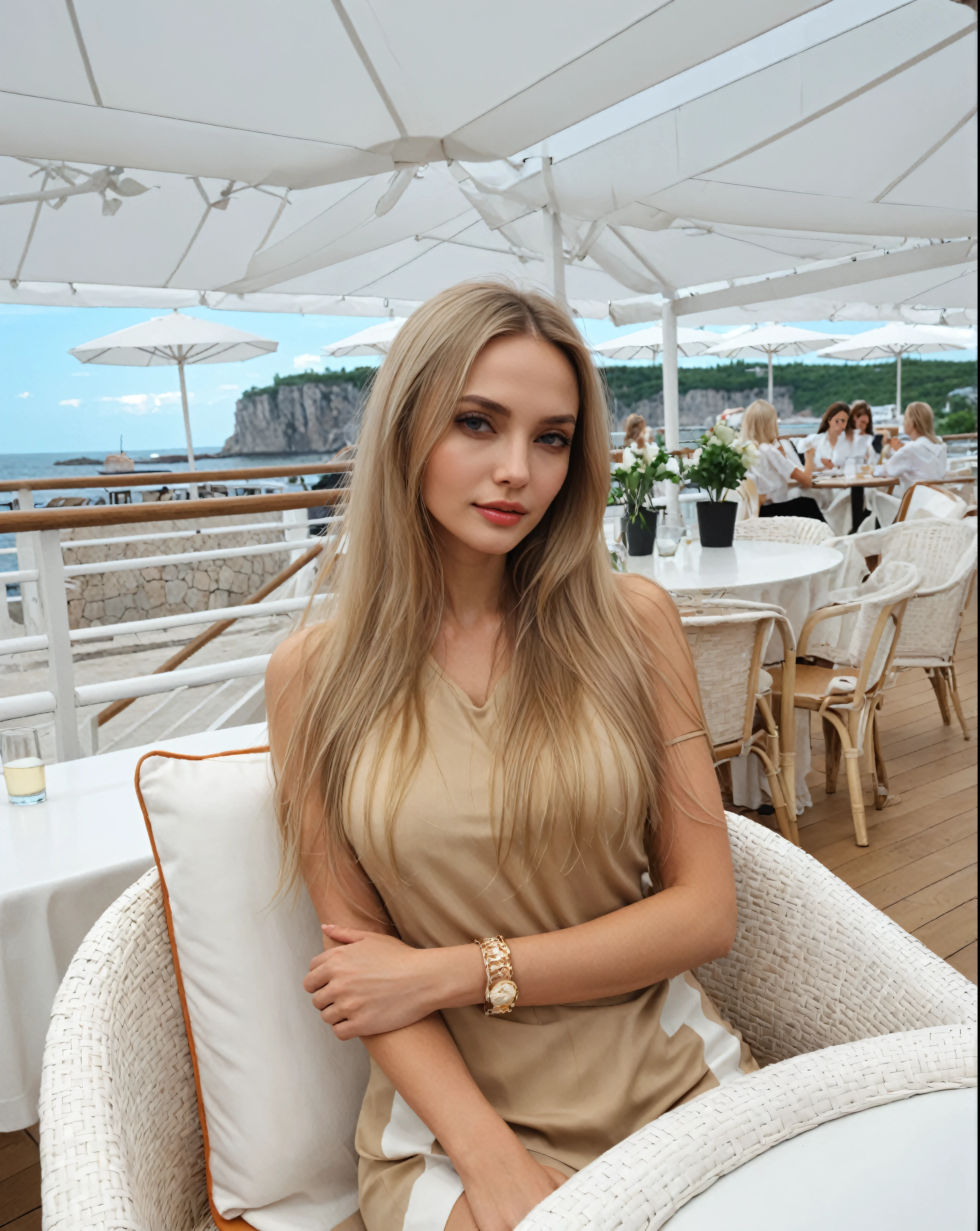 Blonde woman sitting on a chair in a restaurant overlooking the ocean., Angelina Stroganova, Victoria Gavrilenko, with long blonde hair, Alina Ivánchenko, Anastasia Ovchinnikova, brunette with dyed blonde hair, Aleksandra Waliszewska, Yulia Gorokhova, Style of Yulia Razumova, ekaterina