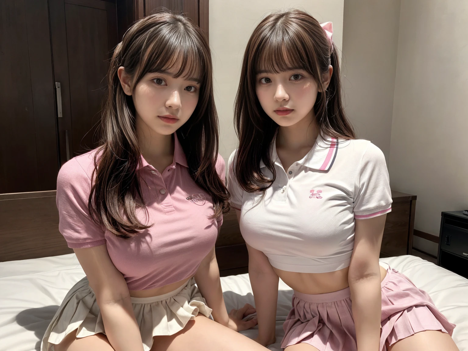 masterpiece, best quality, illustration, Super detailed, fine details, High resolution, 8K,wall paper, perfect dynamic composition,(Details High quality, realistic depiction of eyes:1.3), (2 girls), BREAK (white theme:1.4), (tucked-out short sleeve white polo shirt:1.4), (pink lines on tops outline:1.3), (pure white pleated mini skirt:1.3), (hem of top covers top half of skirt:1.3), (pink fluffy scrunchie on wrist:1.3), (white and pink sports shoes:1.2), sitting, open legs, short bob hair, in a hotel room in the background, deep on field, (large breasts:1.2), black hair color, Big Natural Color Lip, (perfect body shape), crying a little、Harajuku style、20 year old girl、cute type、beautiful legs, Gravure Idol