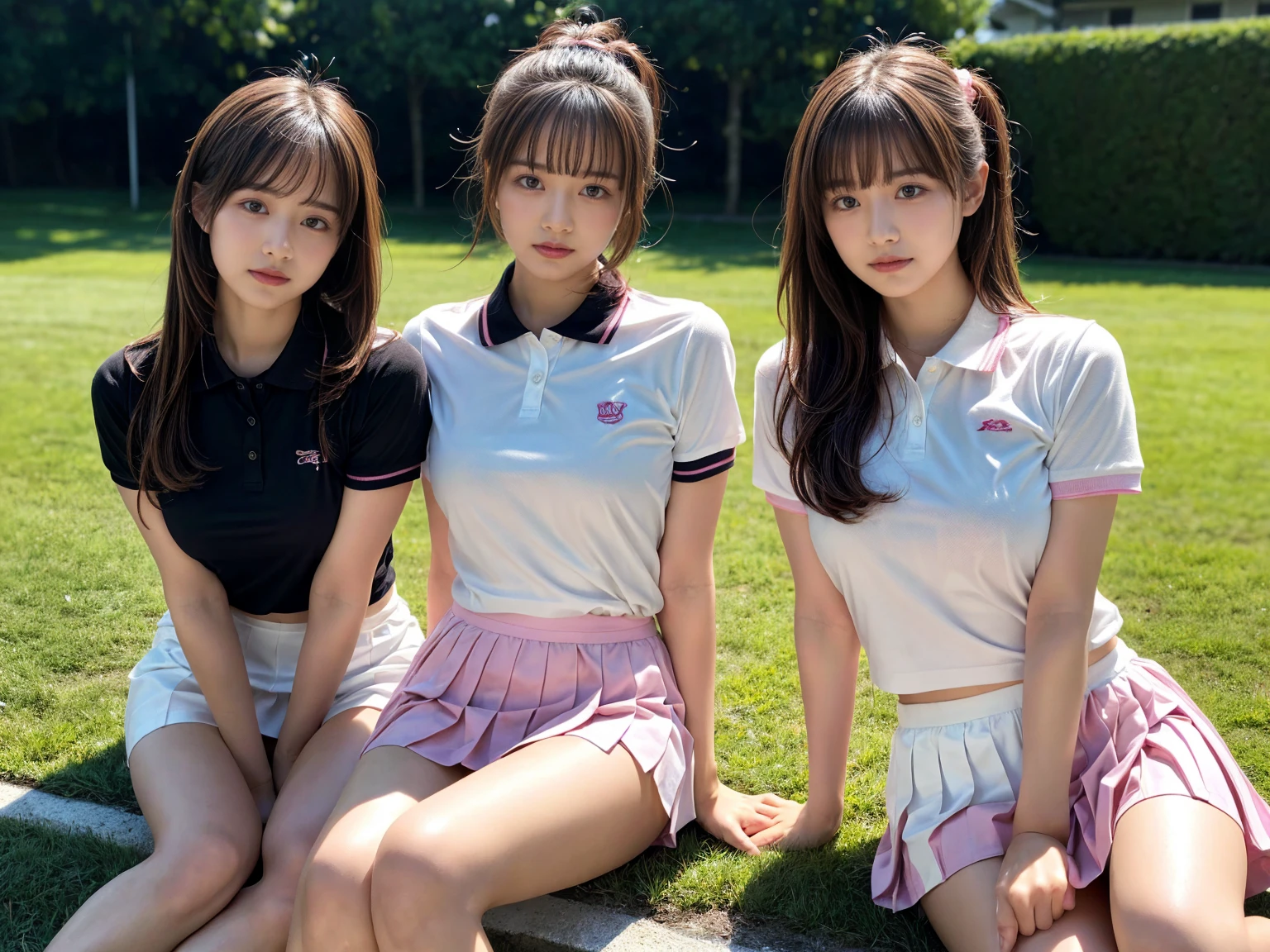masterpiece, best quality, illustration, Super detailed, fine details, High resolution, 8K,wall paper, perfect dynamic composition,(Details High quality, realistic depiction of eyes:1.3), (2 girls), BREAK (white theme:1.4), (tucked-out short sleeve white polo shirt:1.4), (pink lines on tops outline:1.3), (pure white pleated mini skirt:1.3), (hem of top covers top half of skirt:1.3), (pink fluffy scrunchie on wrist:1.3), (white and pink sports shoes:1.2), sitting, open legs, short bob hair, in a hotel room in the background, deep on field, (large breasts:1.2), black hair color, Big Natural Color Lip, (perfect body shape), crying a little、Harajuku style、20 year old girl、cute type、beautiful legs, Gravure Idol