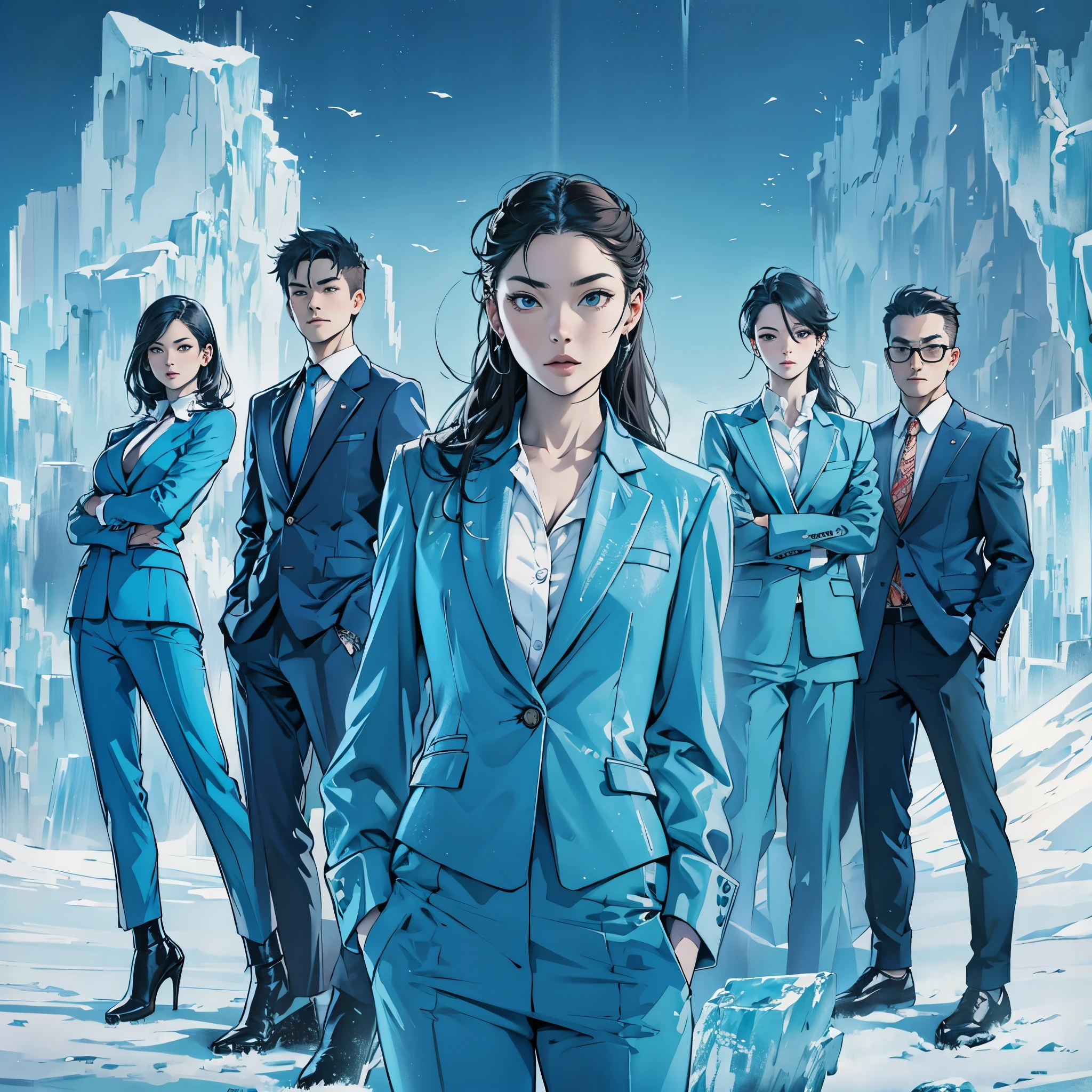 MBTI executive image、Several women and men wearing blue suits。Place the executive female in the middle。Intimidating aura。Stylish and cool、Pose like a fashion model。The background has an ice world feel to it.。