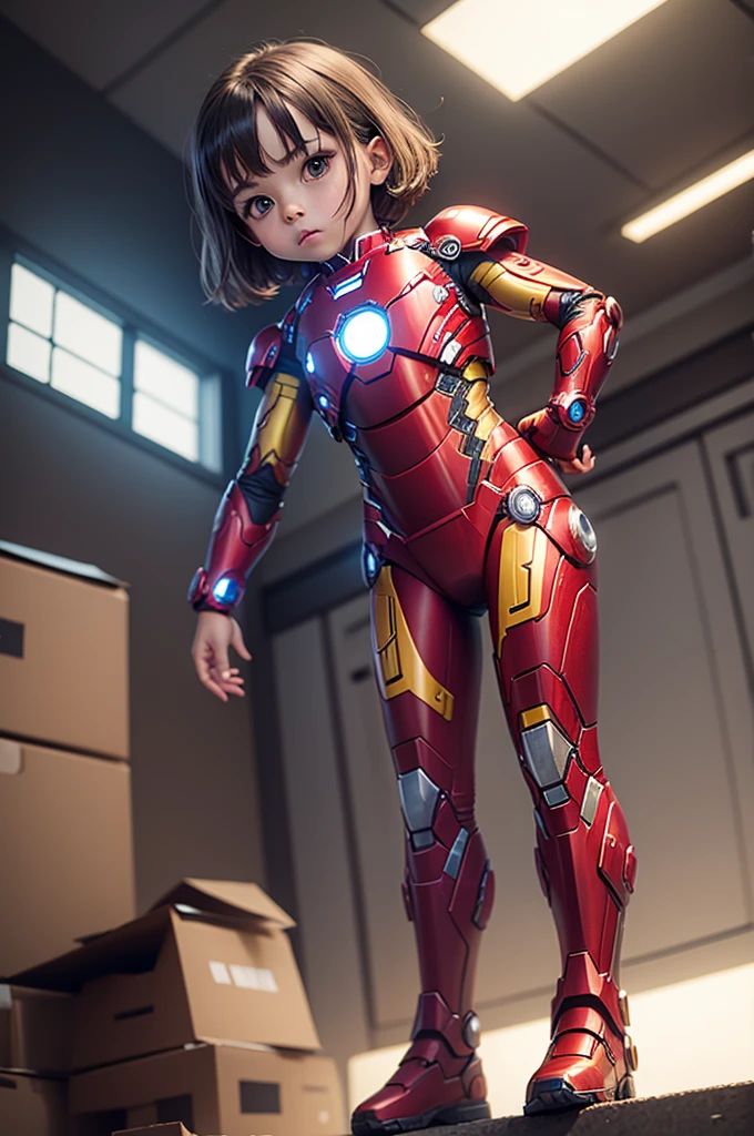 little man　girl　Iron Man Costume　In flight　building, standing, hand on hip, idle, full body
