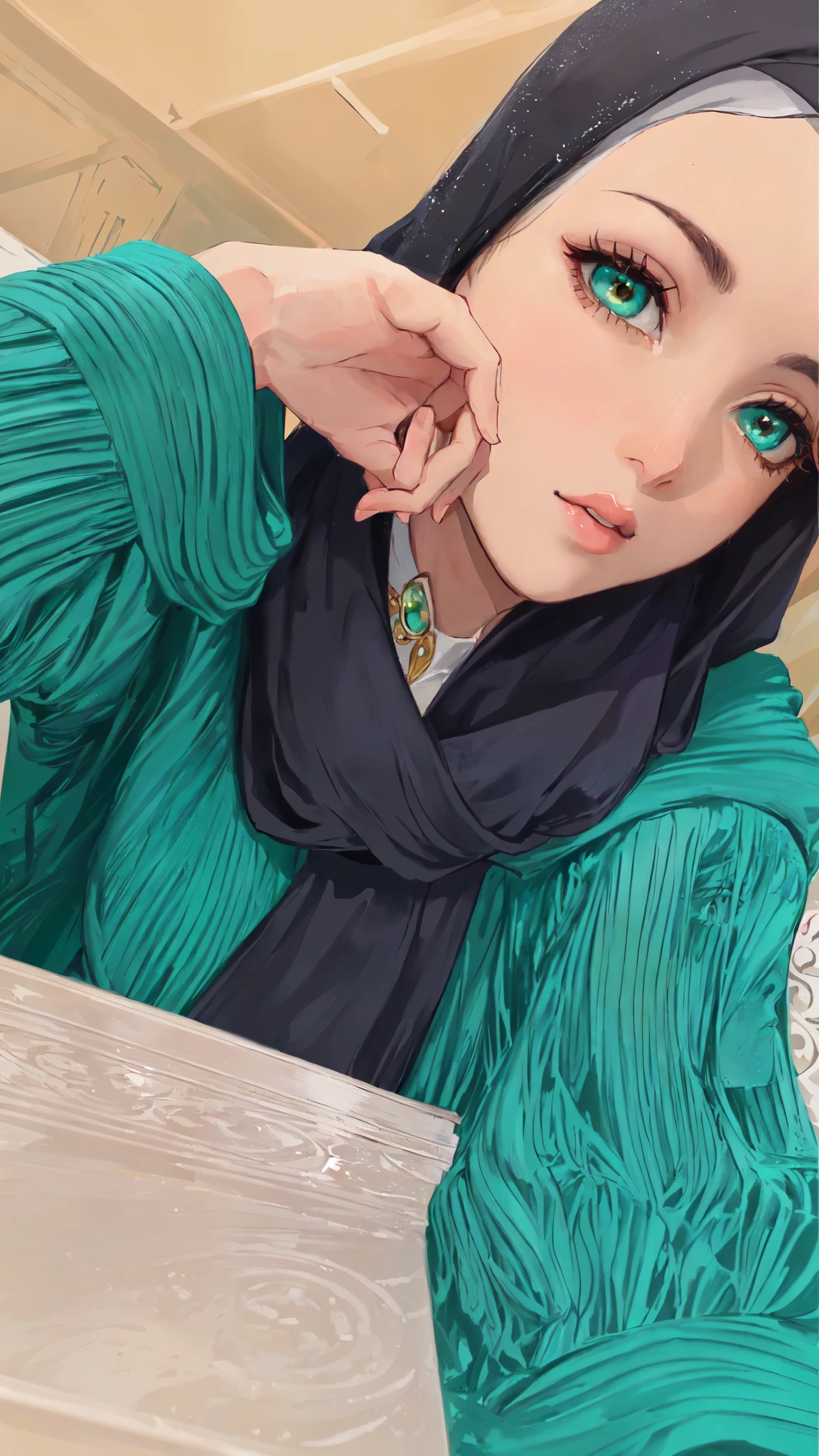 there is a woman sitting at a table with a cup of coffee, pale-skinned persian girl, portait photo profile picture, with teal clothes, 🤤 girl portrait, beautiful iranian woman, very very low quality picture, beautiful image, with beautiful colors, inspired by Maryam Hashemi, with lovely look, profile image, hijab, green colored skin!!, handsome girl