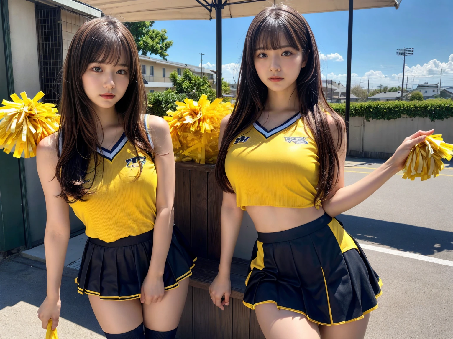 masterpiece, best quality, illustration, Super detailed, fine details, High resolution, 8K,wall paper, perfect dynamic composition,(Details High quality, realistic depiction of eyes:1.3), (3 girls), BREAK (cheerleader uniform with yellow as basic color:1.3), (holding a yellow pompoms in hand:1.4), (sleeveless yellow tunic with baseball team logo:1.4), yellow tops, (bold V-neck:1.3), ((Blue lines, black lines) on tops:1.3), ((fit and flare, A-line):1.3), (A-line yellow rah-rah skirt:1.3), mini skirt, (black socks:1.3), (sports shoes:1.2), sitting, open legs, short bob hair, in a hotel room in the background, deep on field, large breasts, black hair color, Big Natural Color Lip, (perfect body shape), crying a little、Harajuku style、20 year old girl、cute type、beautiful legs, Gravure Idol