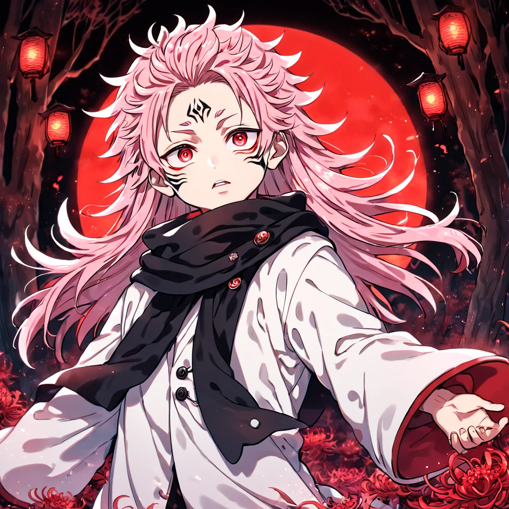 absurdres, highres, ultra detailed, HDR, master piece, best quality, extremely detailed face, delicated features, Ryoumen Sukuna as a ???, pink hair, long hair, messy hair, expressive red eyes, Thousand Years War, Jujutsu Kaisen, solo, boy, cute, white robes, black scarf, accessories, spider lilies patterns, red moon, red blood water, fantasy, magical, red trees, forest, red dust, red lanterns, red fire, red floating round lights