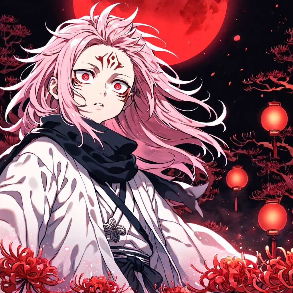 absurdres, highres, ultra detailed, HDR, master piece, best quality, extremely detailed face, delicated features, Ryoumen Sukuna as a kid, pink hair, long hair, messy hair, expressive red eyes, Thousand Years War, Jujutsu Kaisen, solo, boy, cute, white robes, black scarf, accessories, spider lilies patterns, red moon, red blood water, fantasy, magical, red trees, forest, red dust, red lanterns, red fire, red floating round lights