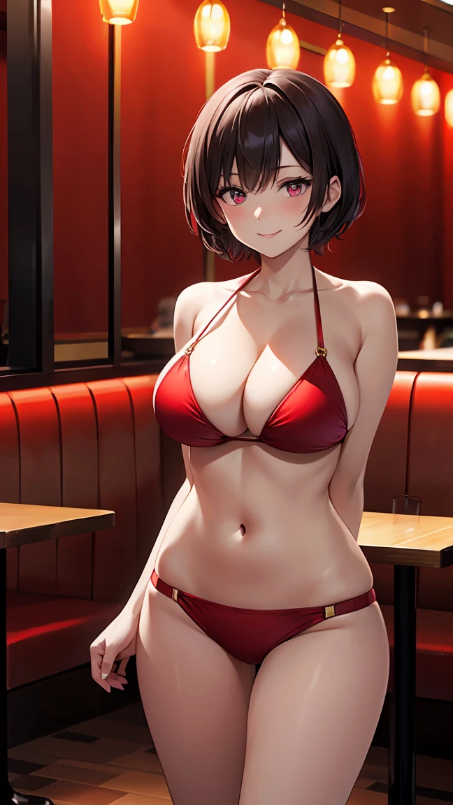 high resolution, extremely detailed CG, unity 8k wallpaper, super detailed skin, perfect anatomy, detailed, cinematic lighting, dynamic lighting, beautiful detailed eyes. (red light district, restaurant:1.5), gigantic breasts.women are、Wearing a metallic bikini、Arms folded behind back、Standing facing forward in a crowd. her hair is short and black、Your smile is wonderful.The skin is radiant.