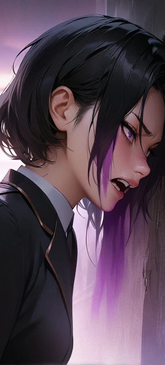 1girl,solo leveling, sung jinwoo,1male, hight resolution,hiquality,Realistic, Masterpiece,has a purple aura outside of clothing, in a black suit, black hair, angry ,hunger, Perfect fingers,Face to Face
