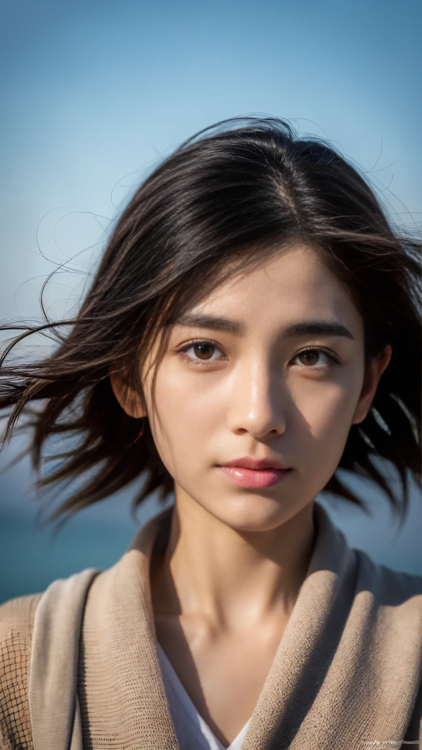 masterpiece,best quality,ultra detailed,highres,high-resolution,4k,realistic,RAW photo,((real person)),portrait photography,photorealistic,detailed skin,(delicate black eyes ), A soothing woman with sagging eyes,Calm and calm, middle hair,skinny,clothing,The wind is blowing,tareme
