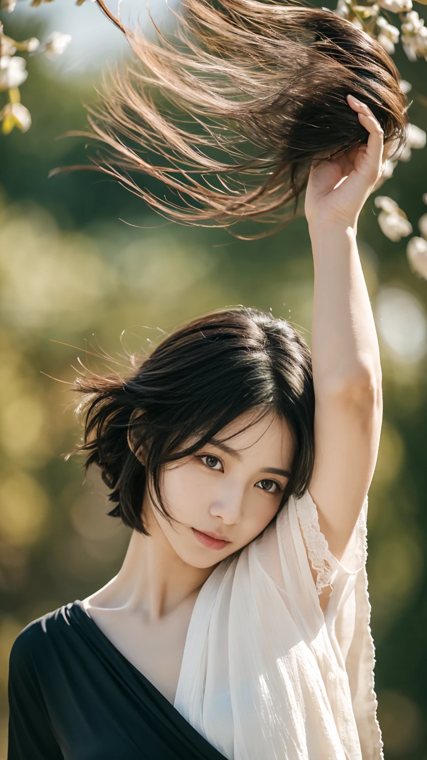 masterpiece,best quality,ultra detailed,highres,high-resolution,4k,realistic,RAW photo,((real person)),portrait photography,photorealistic,detailed skin,(delicate black eyes ), A soothing woman with sagging eyes,Calm and calm, middle hair,skinny,clothing,The wind is blowing,tareme