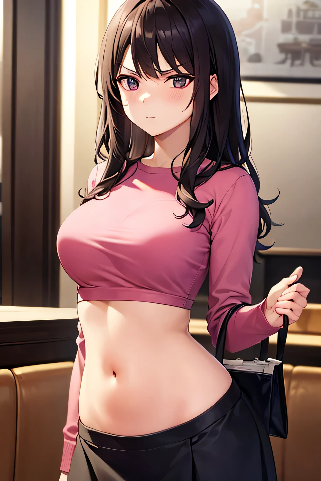 super fine illustration, vibrant colors, masterpiece, sharp focus, best quality, depth of field, cinematic lighting, ultra detailed, crop top, pink shirt, long sleeves, black skirt, navel, belly button, tummy, 1 woman, solo, milf, very messy hair, slender, blush, annoyed, mature female, tall woman, looking down, v-shaped eyebrows, medium breasts, dark hair, stomach, carrying purse, long curly hair, restaurant,