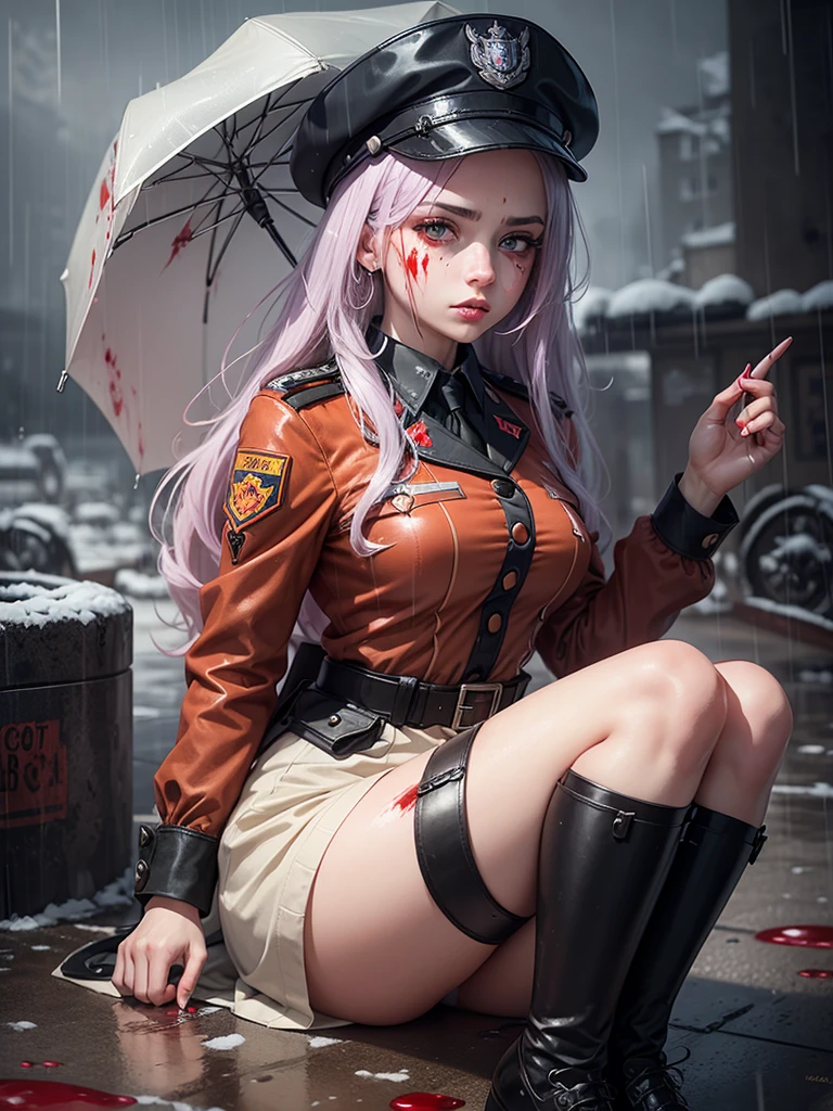 A cat girl in an NKVD uniform in the rain covered in blood.