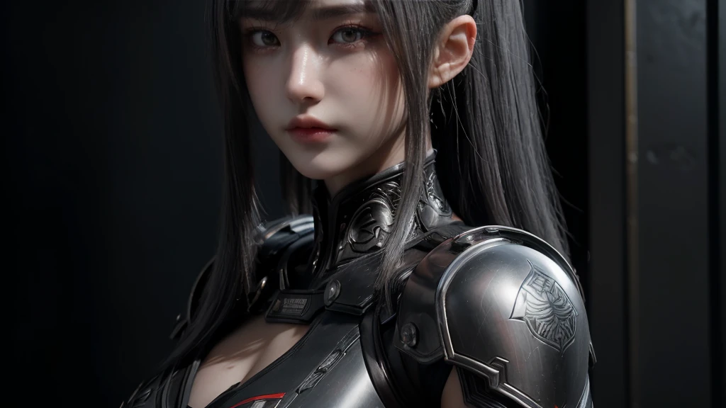 masterpiece,Game Art,Best picture quality,Maximum resolution,8K,(portrait),Unreal Engine 5 rendering works,(Digital Photography),((portrait Feature:1.5)),
20 year old girl,Short hair details,Long bangs,(The red eye makeup is carefully applied),(With long gray hair:1.4),(Large target, Full breasts),Elegance and nobility,Brave and charming,
(The future armor combines the characteristics of Chinese armor,hollow-carved design,Power Armor,Mysterious oriental runes,Exquisite clothing patterns,Magic Flash),Future Warrior,Cyberpunk Characters,War Background,
light，Ray Tracing，Game CG，((3D Unreal Engine))，OC rendering reflection mode