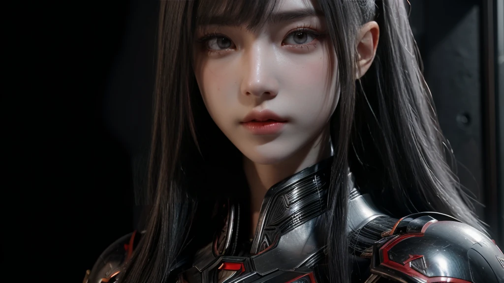 masterpiece,Game Art,Best picture quality,Maximum resolution,8K,(portrait),Unreal Engine 5 rendering works,(Digital Photography),((portrait Feature:1.5)),
20 year old girl,Short hair details,Long bangs,(The red eye makeup is carefully applied),(With long gray hair:1.4),(Large target, Full breasts),Elegance and nobility,Brave and charming,
(The future armor combines the characteristics of Chinese armor,hollow-carved design,Power Armor,Mysterious oriental runes,Exquisite clothing patterns,Magic Flash),Future Warrior,Cyberpunk Characters,War Background,
light，Ray Tracing，Game CG，((3D Unreal Engine))，OC rendering reflection mode