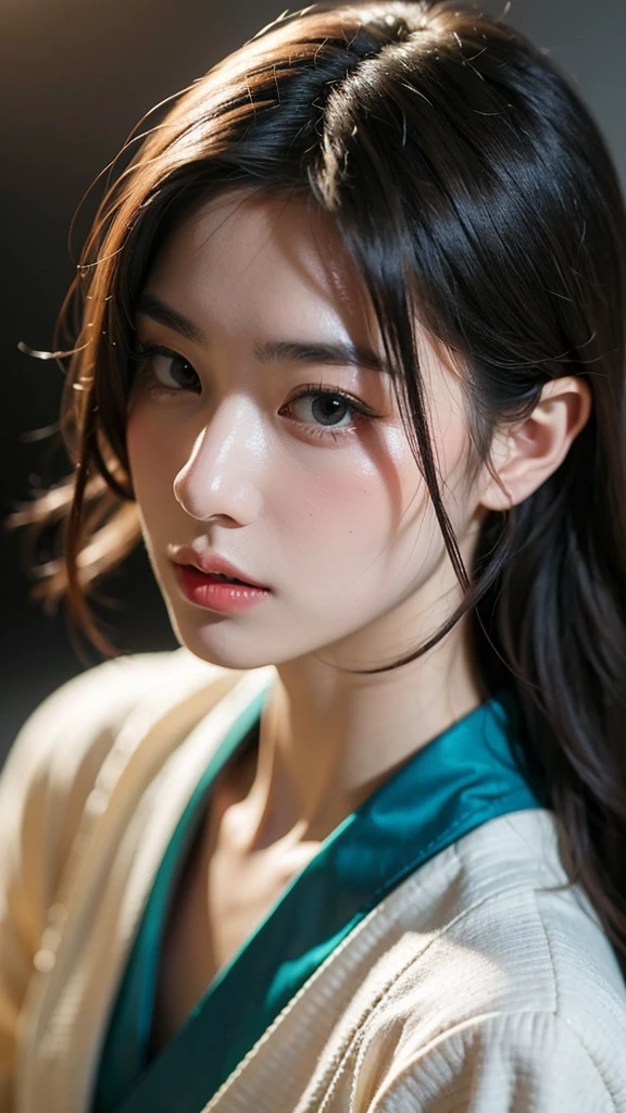 a beautiful japanese woman, beautiful detailed eyes, beautiful detailed lips, extremely detailed face, long eyelashes, elegant hairstyle, intricate kimono, delicate facial features, photorealistic, 8k, high quality, masterpiece, hyper detailed, studio lighting, vivid colors, cinematic lighting, dramatic lighting, chiaroscuro lighting, digital painting