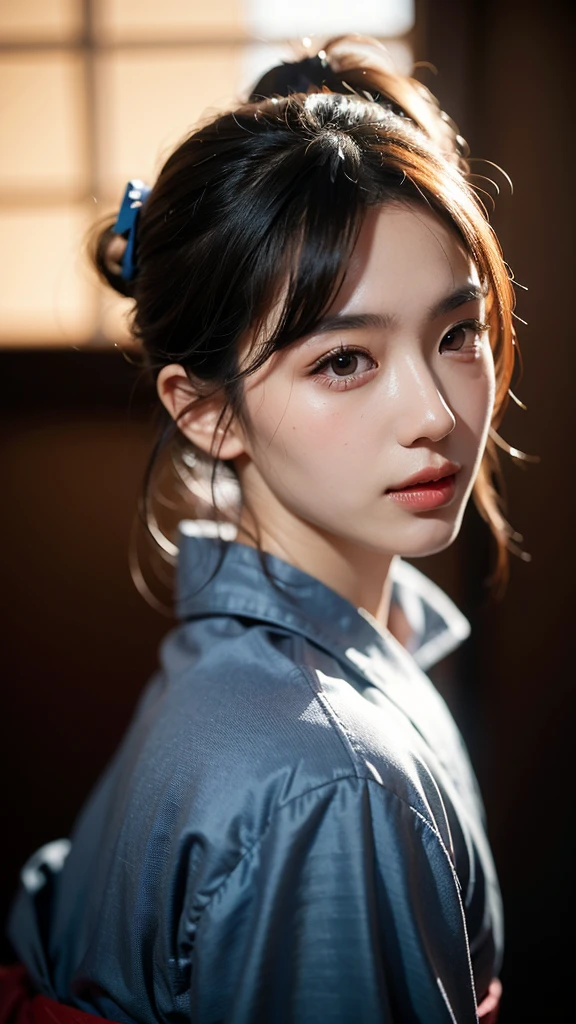 a beautiful japanese woman, beautiful detailed eyes, beautiful detailed lips, extremely detailed face, long eyelashes, elegant hairstyle, intricate kimono, delicate facial features, photorealistic, 8k, high quality, masterpiece, hyper detailed, studio lighting, vivid colors, cinematic lighting, dramatic lighting, chiaroscuro lighting, digital painting