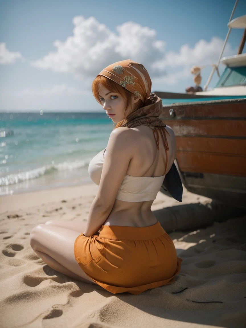 Nami, realistic photo, photorealistic, hyperrealistic, intricate details, RAW photo, ray tracing, image fill, UHD, masterpiece, accurate, anatomically correct, super detail, high details, high quality, award winning, best quality, highres, 16k, Pirate headscarf, black stockings, red-gold coat with open shoulders and open front, redhead, one-piece underwear with open belly, white gloves, big breasts, wide hips, pirate ship, jewelry, sunshine, (((white croptop with light blue horizontal stripes:1.2))), (((sitting on the sand:1.2))), (((tattoed arm:1.2))), (((una mano en el timón:1.2))), (((orange mini skirt:1.2))), (((helm:1.2))), (((beach:1.2))), (((sideview:1.2))), (((looking at viewer:!.2)))
