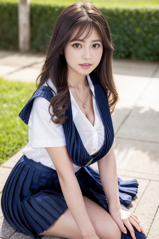 Highest quality,Ultra-high resolution, (Realistic:1.4), RAW Photos, 32K Portrait, Very detailed, girl、Leaning forward、Huge breasts、Cleavage、On all fours、On all foursになって、Super large breasts 、((((Navy Pleated Skirt))))(((((Cleavage))))mini skirt((White collared shirt))mini skirt、Navy Pleated Skirt、high school girl、necklace、