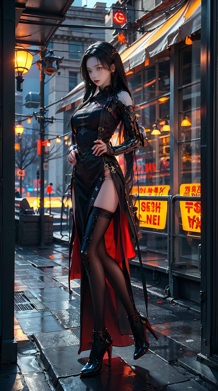 Masterpiece, best quality, high resolution, one woman, from below, very thin and straight legs, very long legs, straight legs, high heels, long legs, perfect body with perfect legs, front view showing long legs, perfect body, exterior, telegraph slang, dynamic pose, exquisite eyes, brown eyes, eye shadow, wearing makeup, long blonde hair, detailed face, detailed eyes, looking at viewer, blusher (wearing makeup), plump lips, red lips, long gray hair (1.3), mechanically static, summon mech, headdress (1.1), headgear, dressed like a student in , black lace stockings, stocking suspenders, city, luminous winding, with a gun in hand, weapon, completely mechanical and futuristic elements, technology, background is modern New York City streets with cars passing by, sky, slim (1.2), dramatic lighting, vivid details.