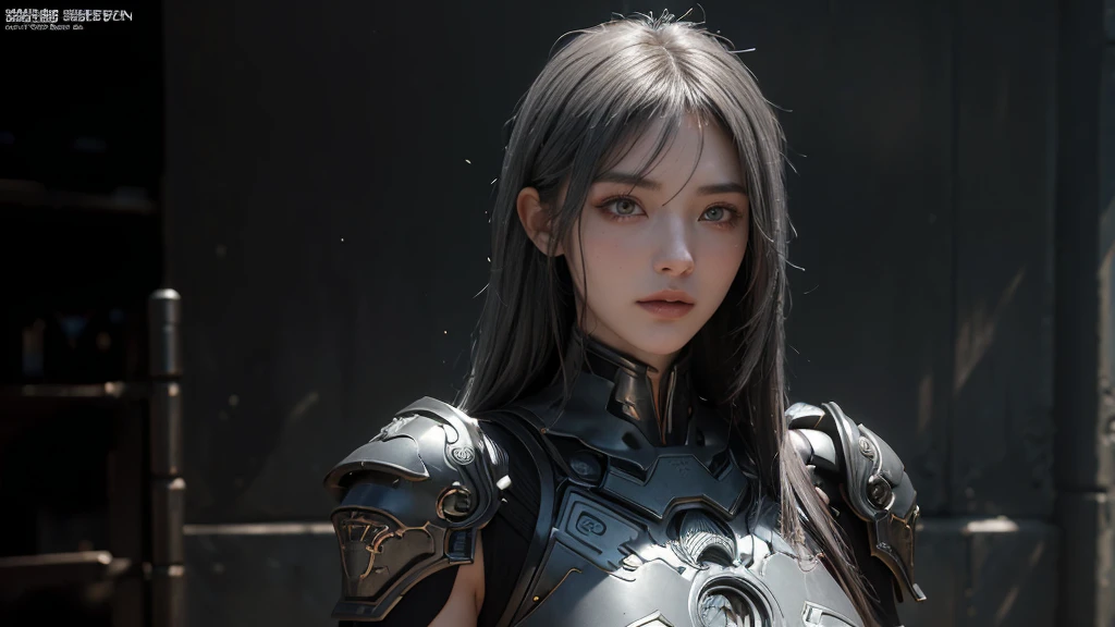 masterpiece,Game Art,Best picture quality,Maximum resolution,8K,(portrait),Unreal Engine 5 rendering works,(Digital Photography),((portrait Feature:1.5)),
20 year old girl,Short hair details,Long bangs,(The red eye makeup is carefully applied),(With long gray hair:1.4),(Large target, Full breasts),Elegance and nobility,Brave and charming,
(The future armor combines the characteristics of Chinese armor,hollow-carved design,Power Armor,Mysterious oriental runes,Exquisite clothing patterns,Magic Flash),Future Warrior,Cyberpunk Characters,War Background,
light，Ray Tracing，Game CG，((3D Unreal Engine))，OC rendering reflection mode
