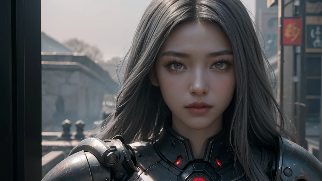 masterpiece,Game Art,Best picture quality,Maximum resolution,8K,(portrait),Unreal Engine 5 rendering works,(Digital Photography),((portrait Feature:1.5)),
20 year old girl,Short hair details,Long bangs,(The red eye makeup is carefully applied),(With long gray hair:1.4),(Large target, Full breasts),Elegance and nobility,Brave and charming,
(The future armor combines the characteristics of Chinese armor,hollow-carved design,Power Armor,Mysterious oriental runes,Exquisite clothing patterns,Magic Flash),Future Warrior,Cyberpunk Characters,War Background,
light,Ray Tracing,Game CG,((3D Unreal Engine)),OC rendering reflection mode