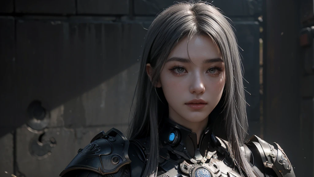 masterpiece,Game Art,Best picture quality,Maximum resolution,8K,(portrait),Unreal Engine 5 rendering works,(Digital Photography),((portrait Feature:1.5)),
20 year old girl,Short hair details,Long bangs,(The red eye makeup is carefully applied),(With long gray hair:1.4),(Large target, Full breasts),Elegance and nobility,Brave and charming,
(The future armor combines the characteristics of Chinese armor,hollow-carved design,Power Armor,Mysterious oriental runes,Exquisite clothing patterns,Magic Flash),Future Warrior,Cyberpunk Characters,War Background,
light,Ray Tracing,Game CG,((3D Unreal Engine)),OC rendering reflection mode