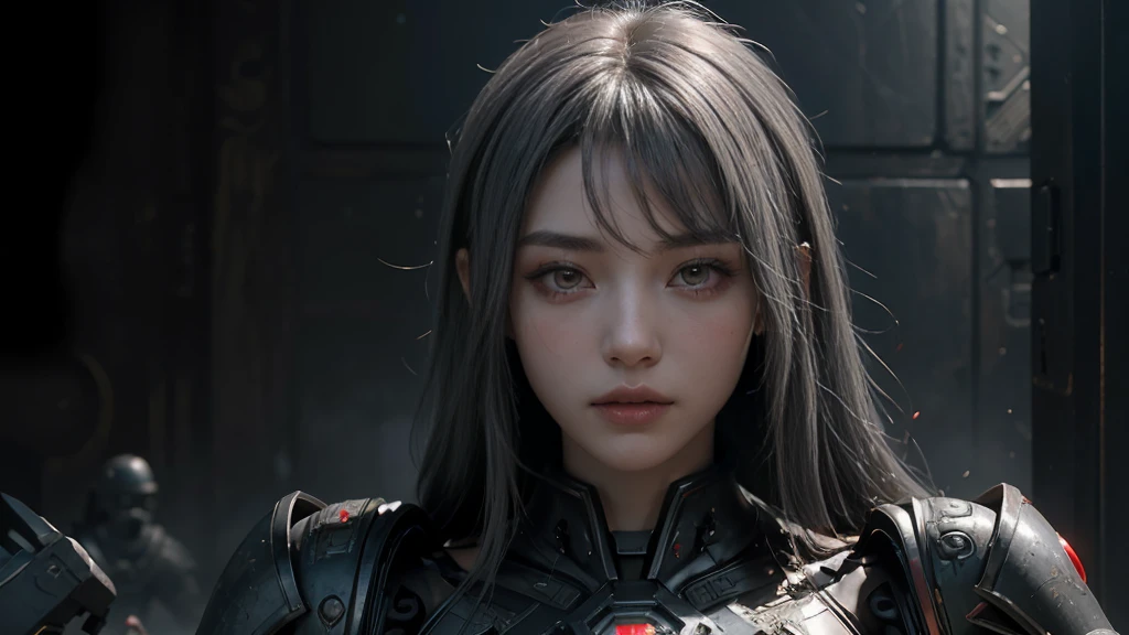 masterpiece,Game Art,Best picture quality,Maximum resolution,8K,(portrait),Unreal Engine 5 rendering works,(Digital Photography),((portrait Feature:1.5)),
20 year old girl,Short hair details,Long bangs,(The red eye makeup is carefully applied),(With long gray hair:1.4),(Large target, Full breasts),Elegance and nobility,Brave and charming,
(The future armor combines the characteristics of Chinese armor,hollow-carved design,Power Armor,Mysterious oriental runes,Exquisite clothing patterns,Magic Flash),Future Warrior,Cyberpunk Characters,War Background,
light,Ray Tracing,Game CG,((3D Unreal Engine)),OC rendering reflection mode