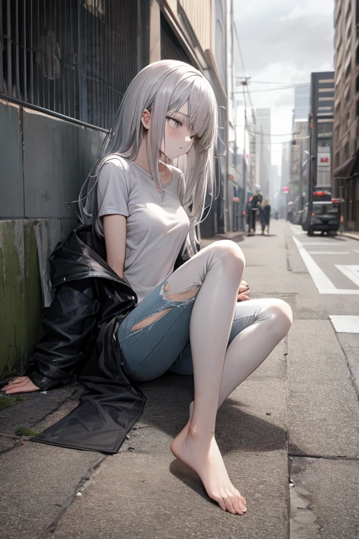 ((best quality)), ((masterpiece)), (detailed), 1 girl, Full body, 18 years old, Depressed face, Silver eyes, Dirty blanket covering her, Looking down, Pale, Silver hair, Long hair, Spiky hair, Bangs, Lock of hair covering her eye, Full body, Very small breasts, Thin body, Homeless, Somewhat dirty, Poor clothes, Gray t-shirt, Dirty thin coat, Dirty torn pants, Plush doll, Metal legs, Sitting on the ground, City background, Gray sky, Anime, Profile shot