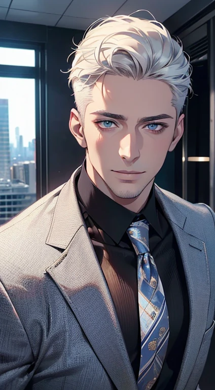 (best quality,4k,8k,highres,masterpiece:1.2),ultra-detailed,(realistic,photorealistic,photo-realistic:1.37),1 man,31 years old,mature man,very handsome,without expression,smile,short white hair,blue eyes,penetrating gaze,perfect face without errors,imposing posture,businessman,office background,cinematic lighting,hdr image