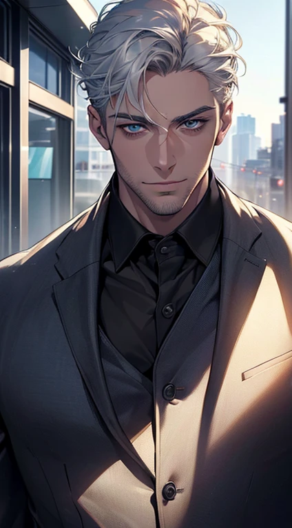 (best quality,4k,8k,highres,masterpiece:1.2),ultra-detailed,(realistic,photorealistic,photo-realistic:1.37),1 man,31 years old,mature man,very handsome,without expression,smile,short white hair,blue eyes,penetrating gaze,perfect face without errors,imposing posture,businessman,office background,cinematic lighting,hdr image