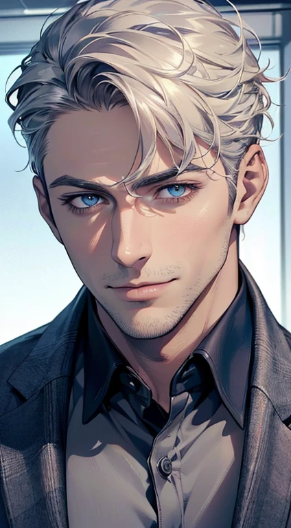 (best quality,4k,8k,highres,masterpiece:1.2),ultra-detailed,(realistic,photorealistic,photo-realistic:1.37),1 man,31 years old,mature man,very handsome,without expression,smile,short white hair,blue eyes,penetrating gaze,perfect face without errors,imposing posture,businessman,office background,cinematic lighting,hdr image