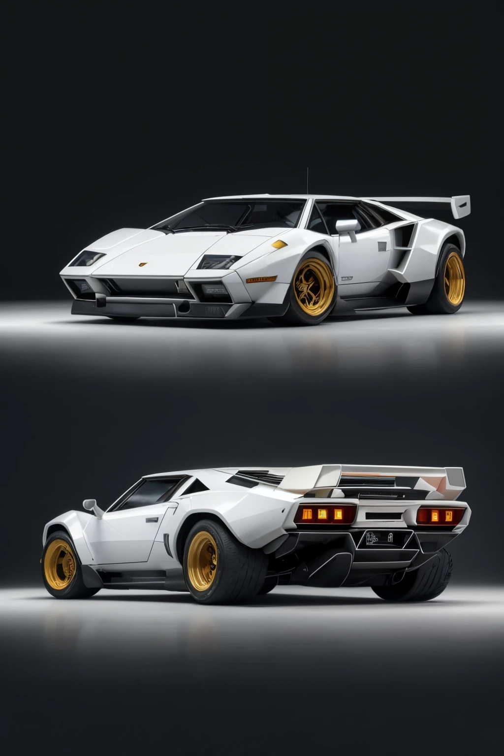 Draw a White Off-road Lamborghini Countach in 3 frames:
1. Front view: The white Off-road Lamborghini Countach is majestically positioned, showcasing its iconic angular design. The large, angular headlights gleam under the sunlight, coordinating with the white exterior. The grille, in a contrasting black hue, adds an element of sophistication. The front bumper, enhanced with off-road features, further emphasizes its rugged appeal. The vehicle's signature vertical air intakes and high ground clearance are prominently displayed.
2. Side view: From the side, the White Off-road Lamborghini Countach