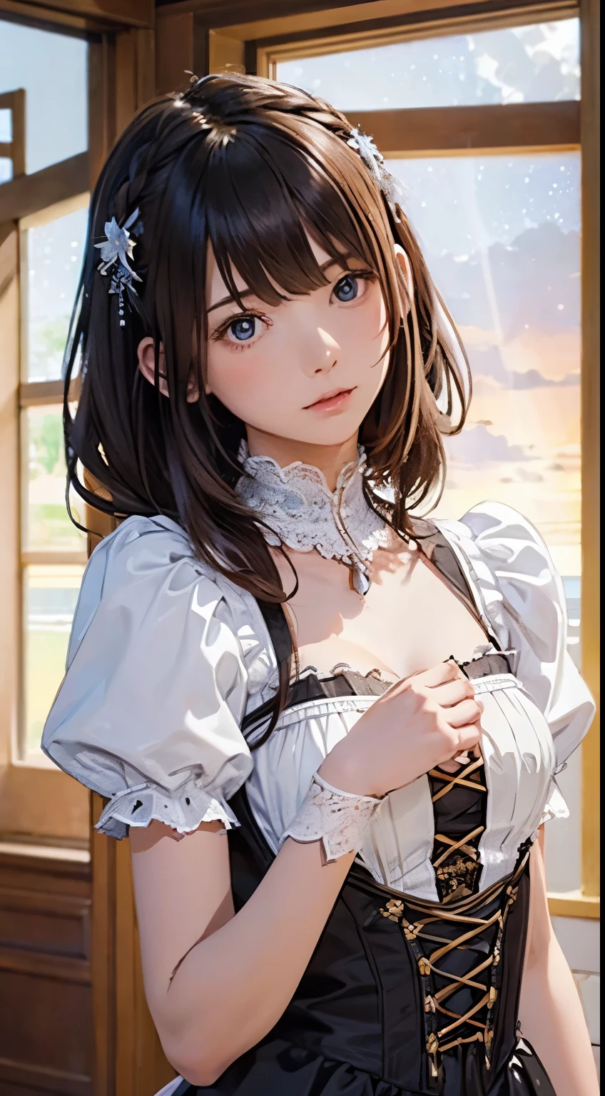 (One girl:1.3), Cinematic Light, alone, chest, Renaissance lace-up bodice dress, silky long hair, (brown) hair, (masterpiece, Highest quality, Highest quality, Official Art, beautifully、aesthetic:1.3), Very detailed,Most detailed,(Very detailed),((Very delicate and beautiful)),Starry Sky,From below