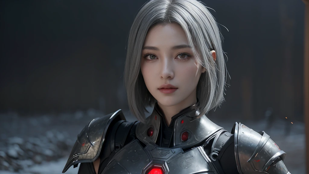 masterpiece,Game Art,Best picture quality,Maximum resolution,8K,(portrait),Unreal Engine 5 rendering works,(Digital Photography),((portrait Feature:1.5)),
20 year old girl,Short hair details,Long bangs,(The red eye makeup is carefully applied),(With long gray hair:1.4),(Large target, Full breasts),Elegance and nobility,Brave and charming,
(The future armor combines the characteristics of Chinese armor,hollow-carved design,Power Armor,Mysterious oriental runes,Exquisite clothing patterns,Magic Flash),Future Warrior,Cyberpunk Characters,War Background,
light,Ray Tracing,Game CG,((3D Unreal Engine)),OC rendering reflection mode