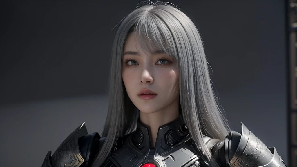 masterpiece,Game Art,Best picture quality,Maximum resolution,8K,(portrait),Unreal Engine 5 rendering works,(Digital Photography),((portrait Feature:1.5)),
20 year old girl,Short hair details,Long bangs,(The red eye makeup is carefully applied),(With long gray hair:1.4),(Large target, Full breasts),Elegance and nobility,Brave and charming,
(The future armor combines the characteristics of Chinese armor,hollow-carved design,Power Armor,Mysterious oriental runes,Exquisite clothing patterns,Magic Flash),Future Warrior,Cyberpunk Characters,War Background,
light，Ray Tracing，Game CG，((3D Unreal Engine))，OC rendering reflection mode